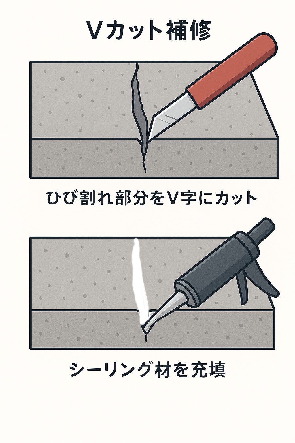 外壁Vカットし補修材充填