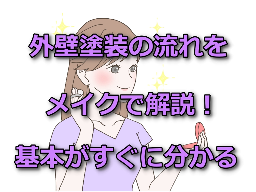 記事のタイトル外壁塗装の流れをメイクで解説！基本がすぐに分かると、メイクをしている女性のイラスト