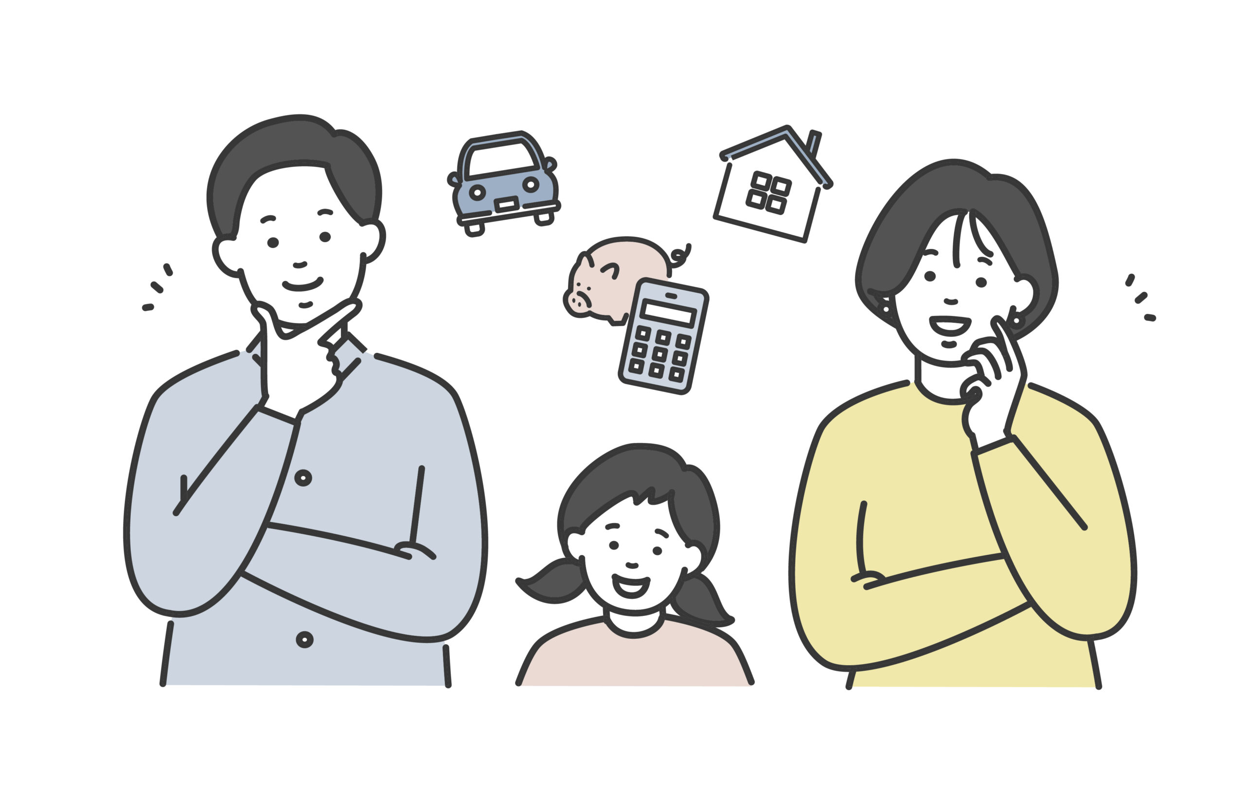 家の塗り替えを悩んでいる家族のイラスト